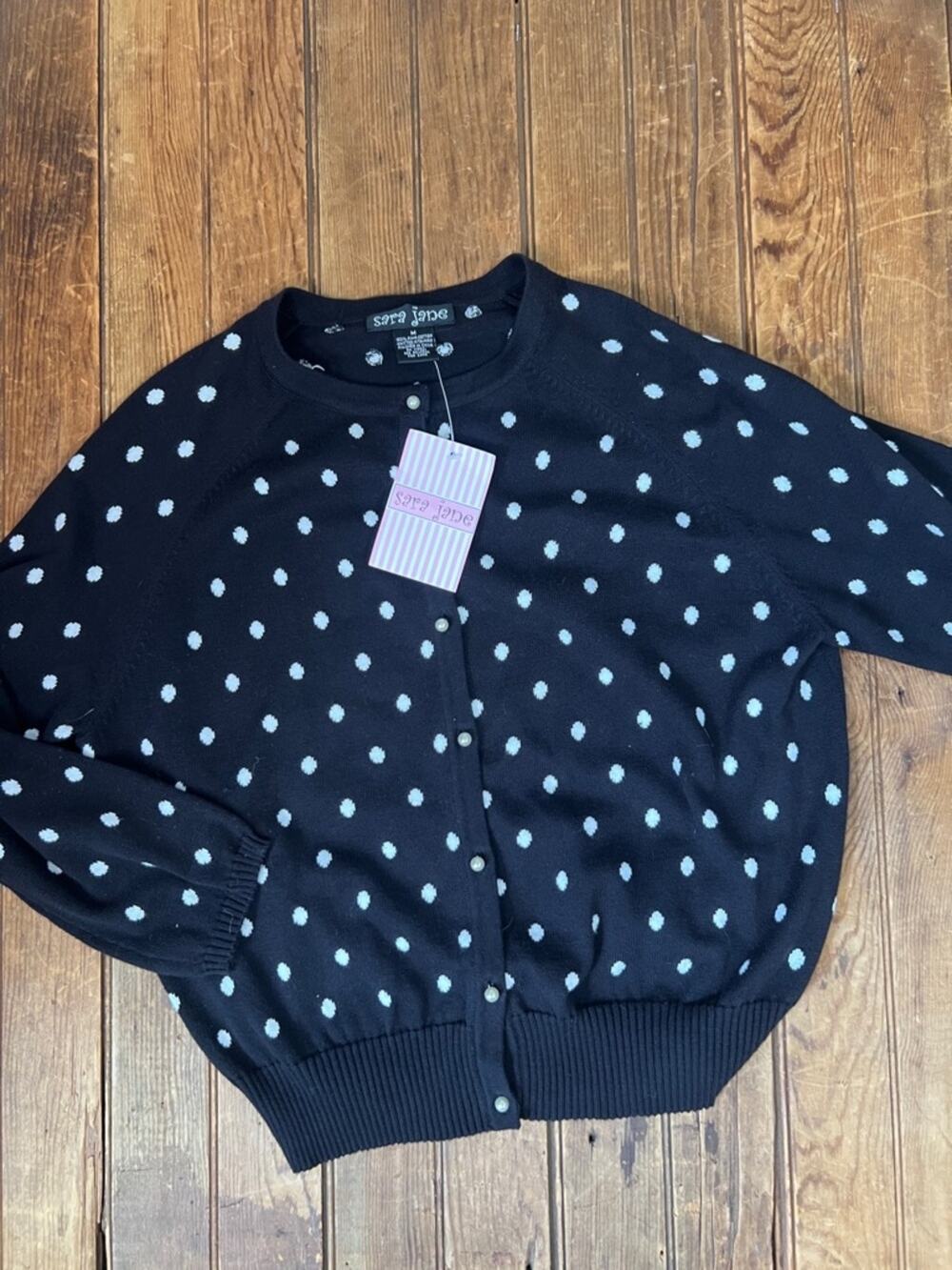 Sarah Jayne Black Cardigan Sweater with Polka Dots NWT New 3/4 sleeve prep